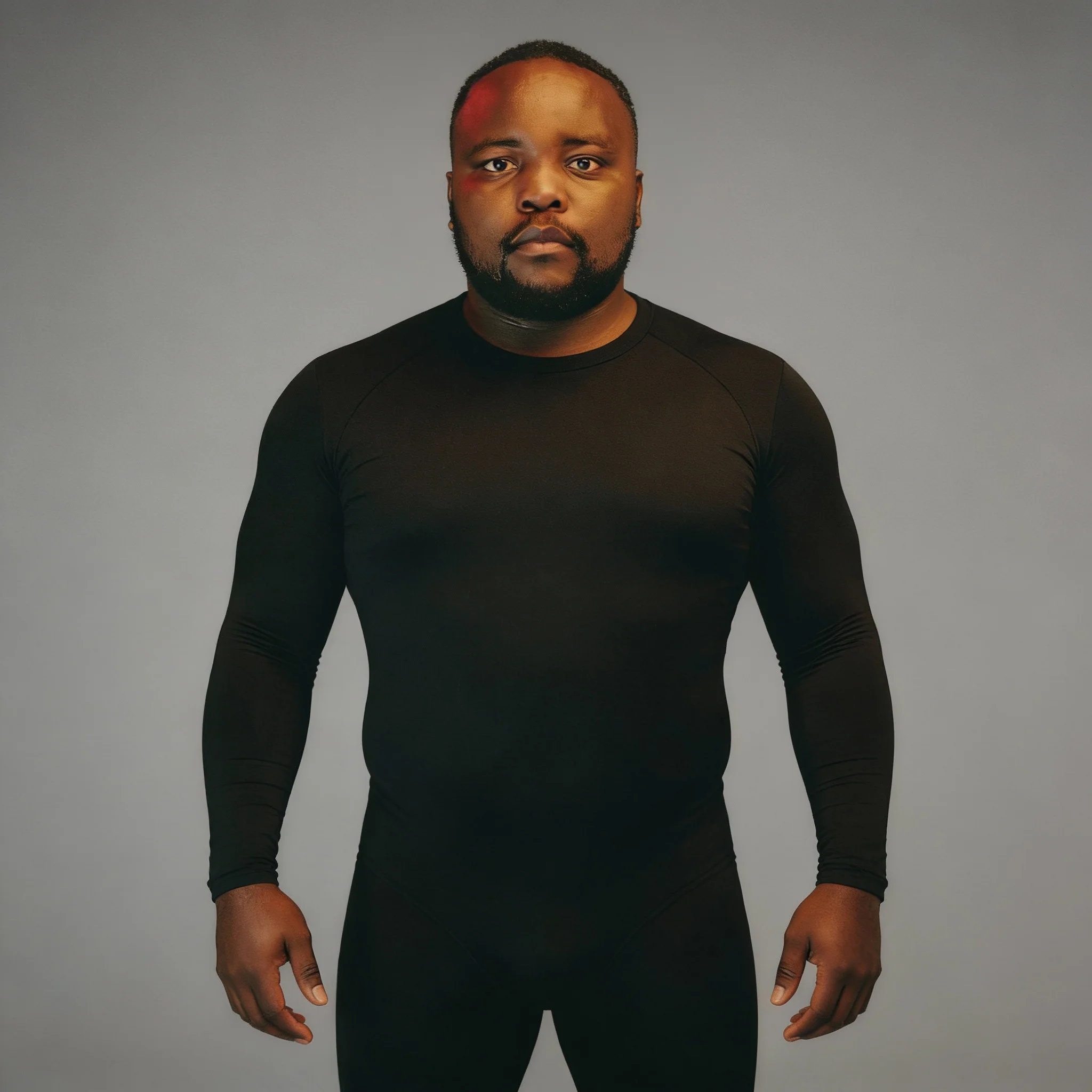 Photoreal digital twin of a man with warm brown hair in a charcoal long-sleeve shirt and black pants, centered in front of a gray studio gradient.