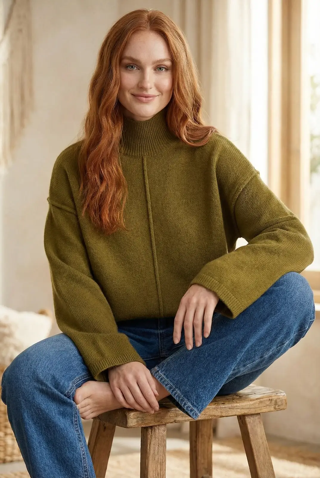 Studio portrait of a digital twin model in a dark tailored suit with a light shirt on a neutral backdrop.