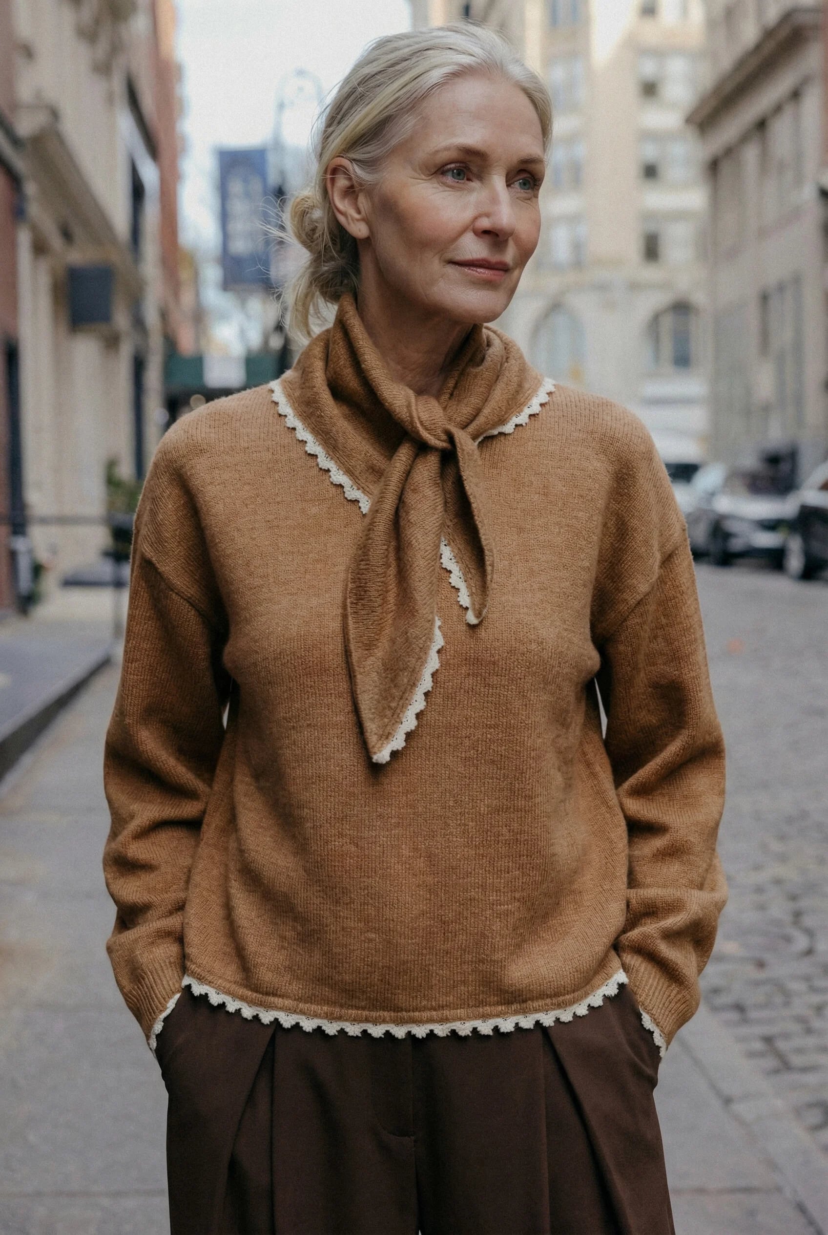 Model swap example — seated pose highlighting fabric accuracy (523-8)